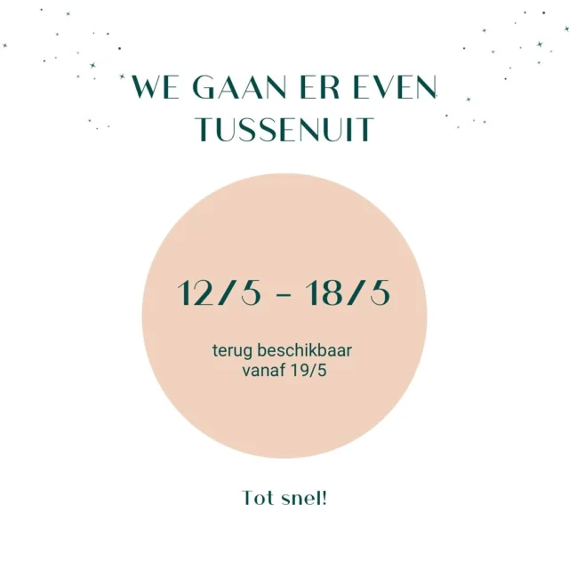 Wij gaan er even tussenuit!

Van 12 t.e.m. 18 mei nemen we even een pauze. Morgen zijn we nog aanwezig volgens onze normale openingsuren.

Tijdens onze afwezigheid kunnen we geen berichtjes beantwoorden en is het instituut gesloten.
Dankjewel voor jullie begrip en je geduld. Vanaf 19 mei zijn we er weer helemaal – uitgerust en met frisse energie. 

Tot snel! 🥰